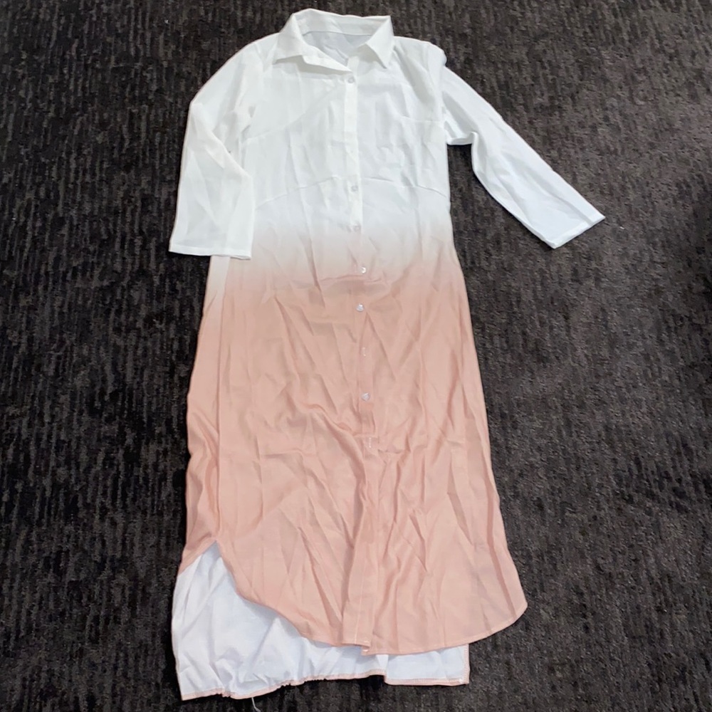 NEW Maxi Ombre pink beach dress, 3/4 sleeve, button down shirt dress, size s